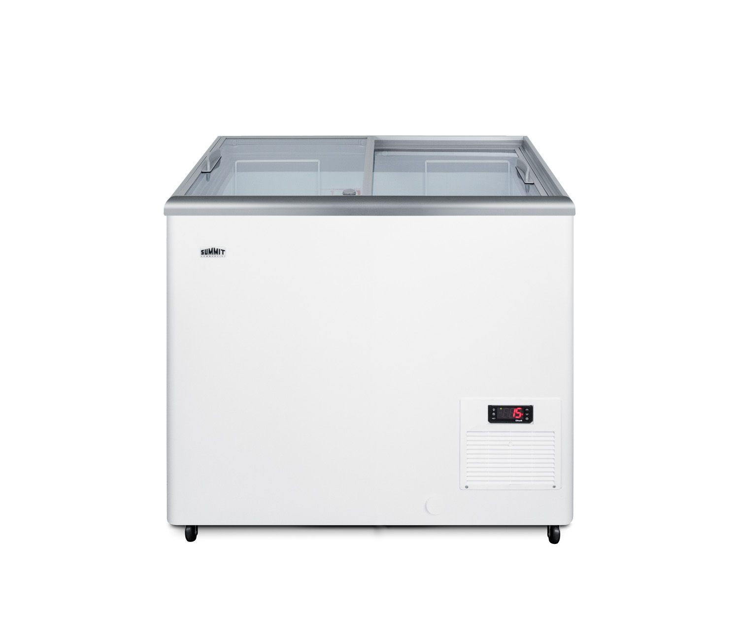 Flat top commercial ice cream freezer with sliding glass lid, digital thermostat, novelty baskets, and 7.2 cu.ft. capacity